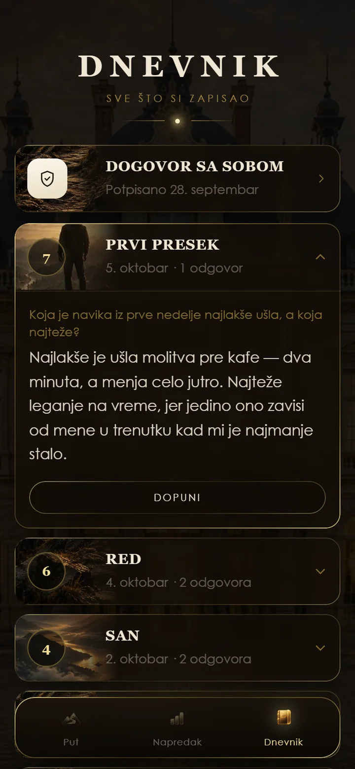 Ekran dnevnika: odgovori po danima, otvoren zapis za sedmi dan