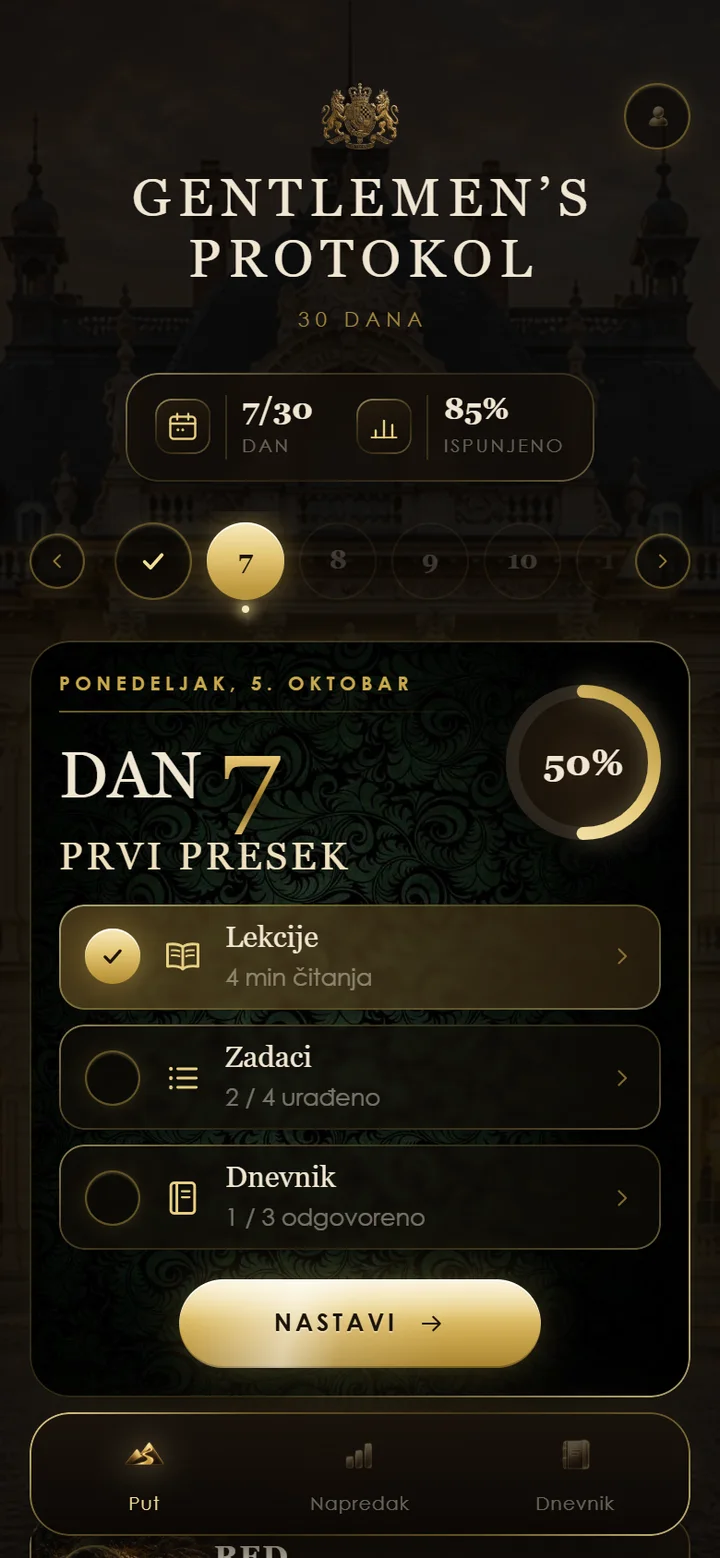 Ekran protokola: sedmi dan, lekcija pročitana, dva od četiri zadatka urađena, pedeset procenata dana ispunjeno