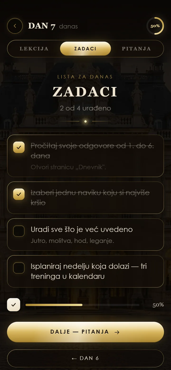 Ekran zadataka za sedmi dan: četiri zadatka, dva štiklirana, traka napretka na pedeset procenata